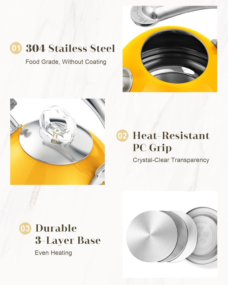 harriet Tea Kettle Stovetop, 2.5 QT Whistling Stainless Steel Teapot, 3-Layer Base, Unique Ergonomic Handle, Includes Pot Holder & Mat, Electric/Induction/Gas Stovetops Applicable, Yellow - Image 4